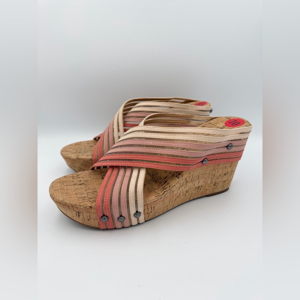 NEW Lucky Brand Mykayla Striped Cork Wedges - Pink/Cream - NWOB - Size 10